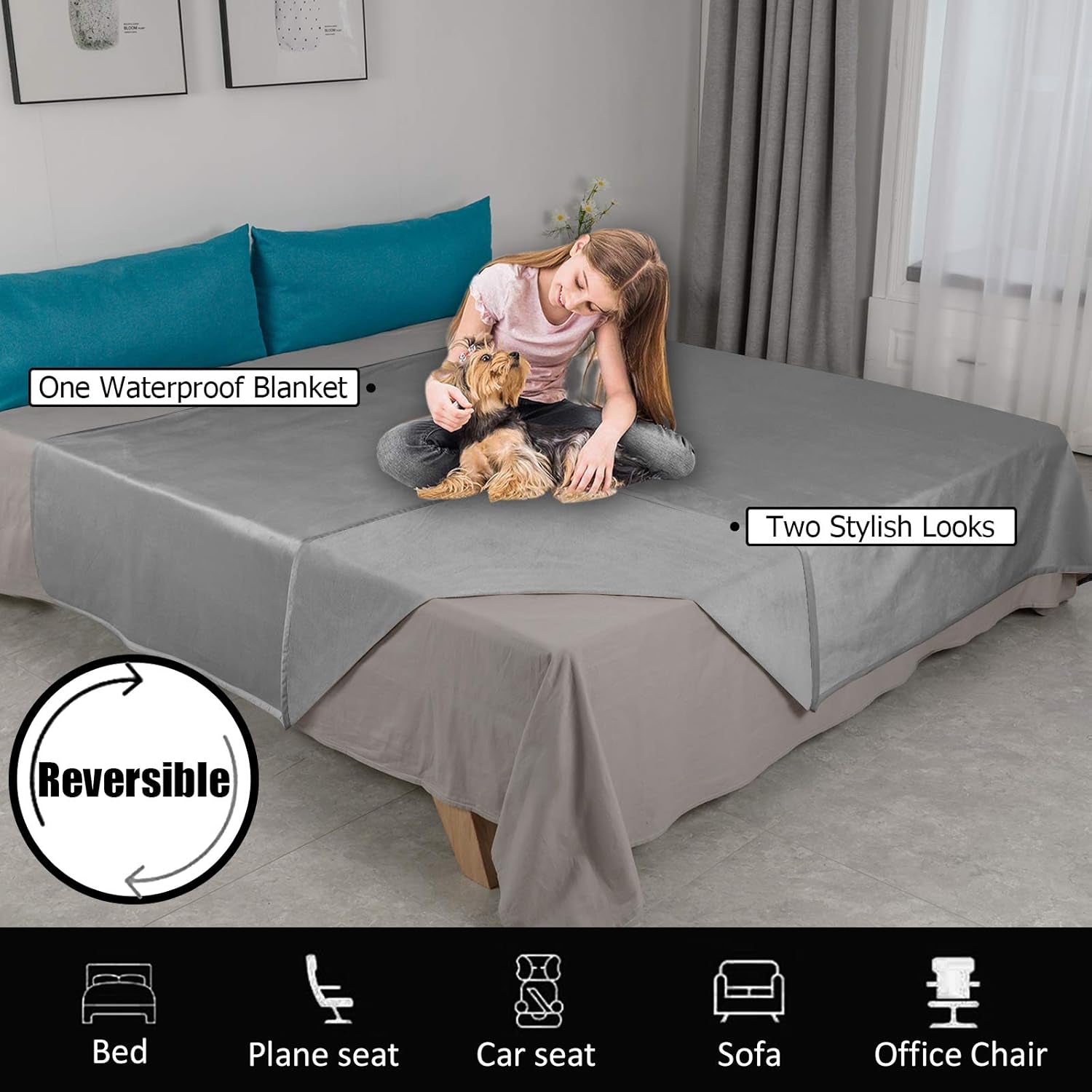 Pet Bed Blanket Reversible 100% Waterproof Velvet Super Soft for Sofa and Bed (40X60 Inches, Light Grey+Grey)